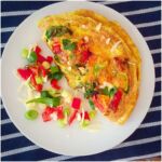 Omellette, Hot Dog, tomato, cucumber, lettuce